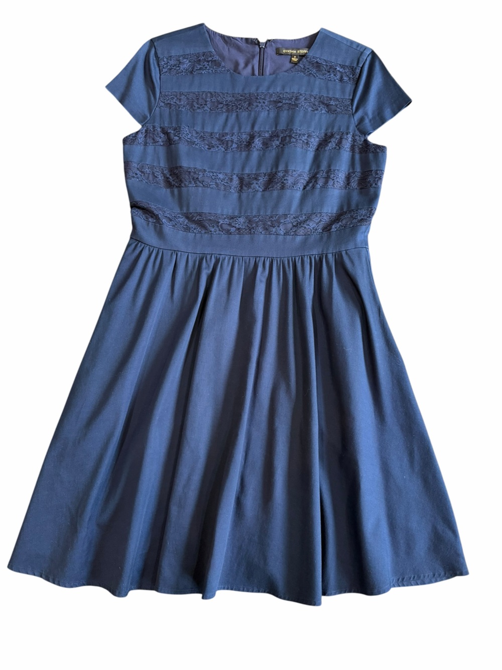 Cynthia Steffe Navy Fit & Flare Midi Dress Lace Trim Pockets Size 8